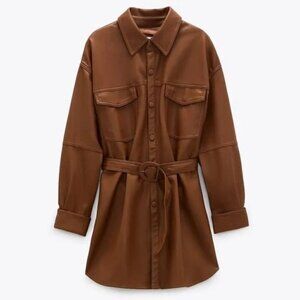 NWT Zara | Faux Leather Belted Button Down Shirt Jacket in Cognac - Size L